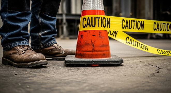 Close-up of a person's work boots next to an orange traffic cone wrapped with yellow caution tape on a concrete floor, indicating a hazardous or restricted area.