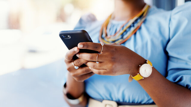 Woman, hands and scroll in office with phone, research jewelry trend and viral social media post. Space, person and browse in small business with tech, popular accessories or design idea for startup.