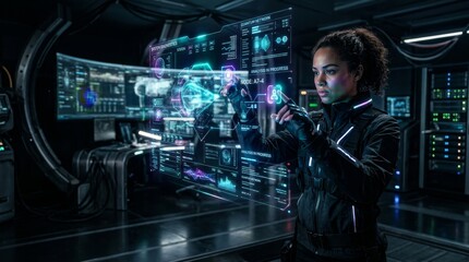 Fototapeta premium Woman in futuristic control room technology.