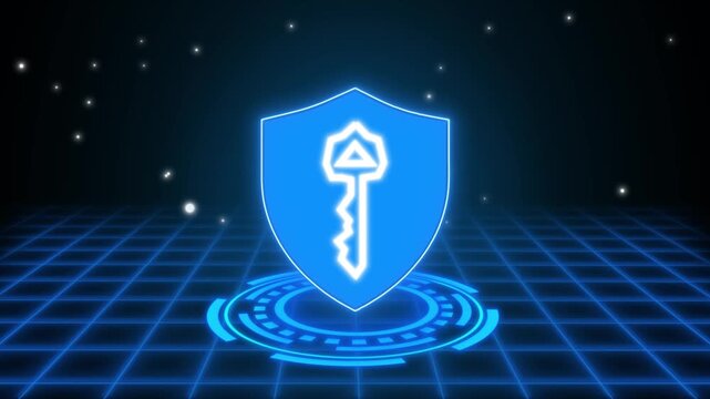 Glowing blue shield with key icon hovering above a futuristic grid floor, digital security and access control concept, neon hologram style with starry background.