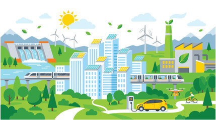 Fototapeta premium Modern green city concept with renewable energy sources and public transit.