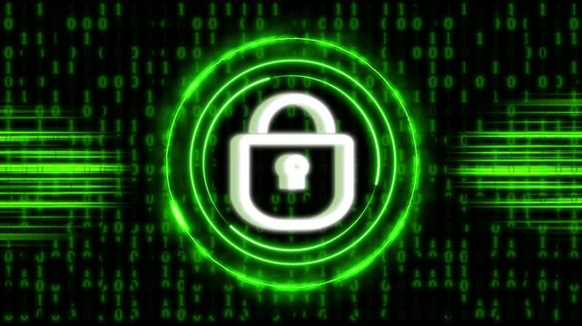 Glowing green padlock icon inside concentric circles over binary code background, symbolizing cybersecurity, data protection and encryption technology.