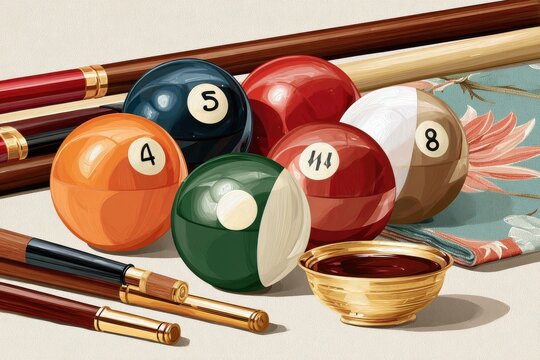 Billiard balls and pool cues arranged on a table with decorative cloth and brass bowl
