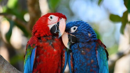Obraz premium Red and blue macaws touching beaks on jungle branch outdoors