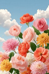 Obraz premium Soft pastel bouquet of roses and peonies against a blue sky with white clouds