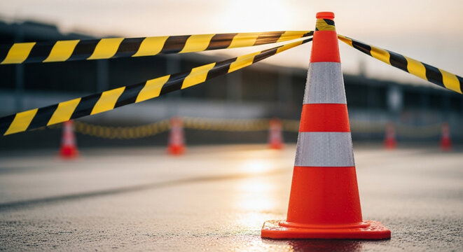 An orange traffic cone with black and yellow caution tape blocking an area on a wet road at sunset.