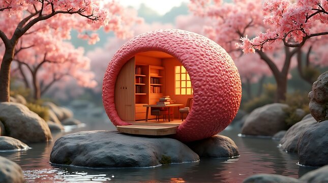 Pink spherical pod house on lake surrounded by spring cherry blossoms