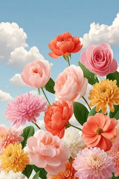 Soft pastel bouquet of roses and peonies against a blue sky with white clouds