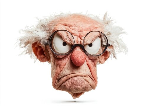 Mad old man character with round glasses, white background