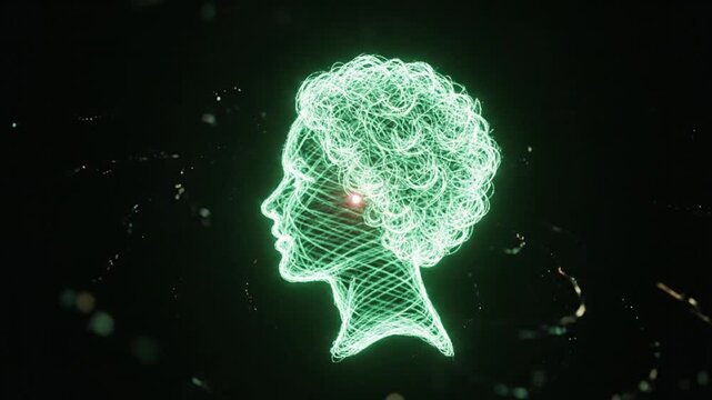 Machine learning and digital consciousness depicted by a glowing wireframe head of light trails over dark copy space