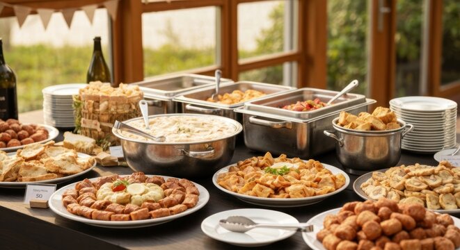 Abundant buffet spread with diverse dishes for event.
