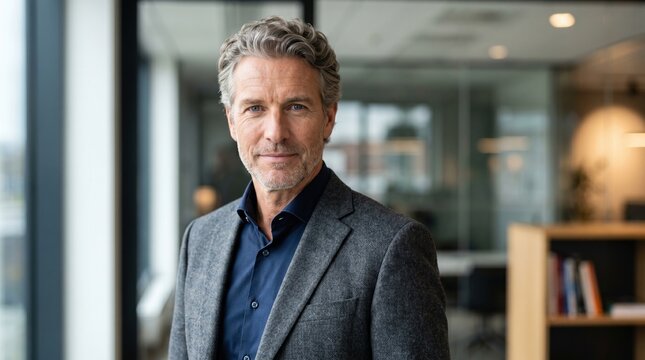 Portrait of mature professional businessman with gray hair in smart casual attire standing in bright modern office