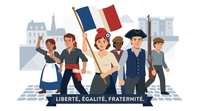 A group of stylized French revolutionary figures, depicted in a clean flat design illustration with simple shapes and a limited color palette. 