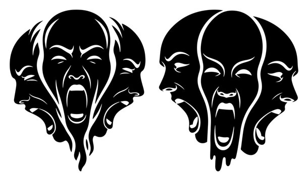 Group of screaming faces merging together in a dark horror silhouette style