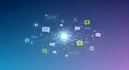 Fototapeta premium Abstract digital network connecting various communication icons, symbolizing global data exchange, social media interaction, and artificial intelligence.