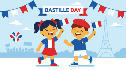 Fototapeta premium A heartwarming flat design illustration depicting two stylized children joyfully celebrating Bastille Day, holding French flags and wearing tricolor accessories. 