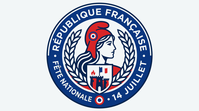 A formal flat design illustration for an official Bastille Day emblem or seal, incorporating key French symbols like the Phrygian cap, laurel wreath, and tricolor.