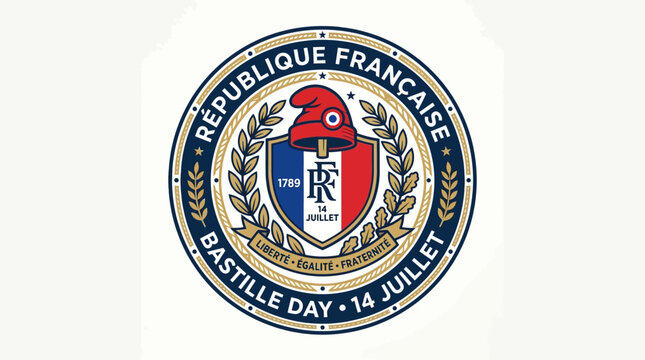 A formal flat design illustration for an official Bastille Day emblem or seal, incorporating key French symbols like the Phrygian cap, laurel wreath, and tricolor.