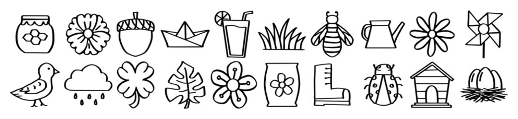 Nature garden doodle hand drawn, spring outdoor life icons collection, scrapbook sticker set elements, honey bee flower bird ladybug rain cloud house leaf clover © Ydzv Dsgn