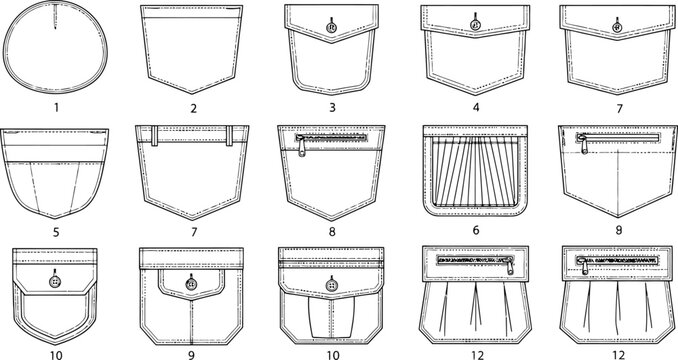 Pocket designs set featuring various clothing patch styles for fashion technical drawing and garment production flat illustrations