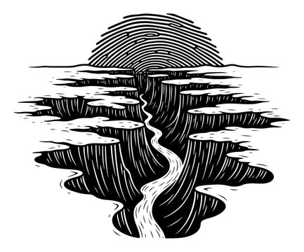 Deep canyon landscape with winding river and sun on horizon vector art