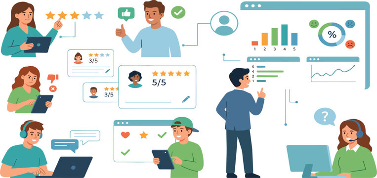 Customer feedback and user experience set with people giving ratings writing reviews and analyzing data on digital dashboards for business
