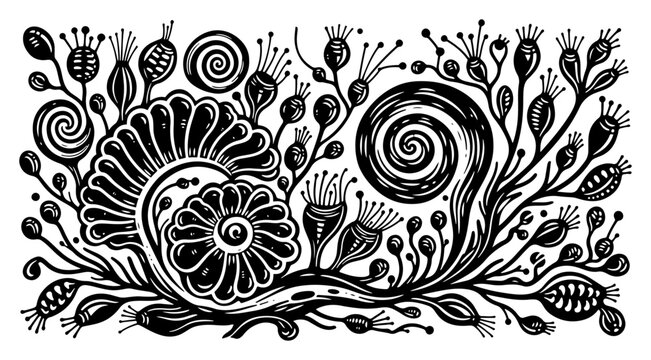 Ornate floral pattern with spirals and botanical elements in woodcut style