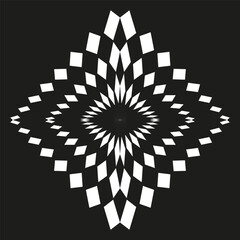 A striking Vector abstract geometric optical illusion pattern design featuring radiating white rhombus shapes on a black background, creating a dynamic visual. © Сергей Полякевич