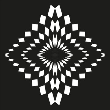 A striking Vector abstract geometric optical illusion pattern design featuring radiating white rhombus shapes on a black background, creating a dynamic visual.
