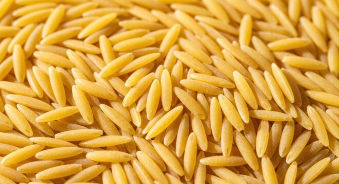 Close-up of dry orzo pasta, a small rice-shaped pasta.