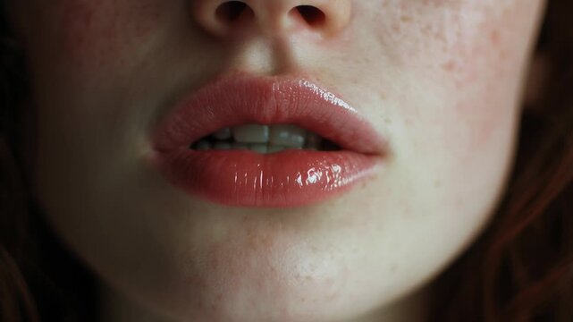 Person using pen to complete digital checklist concept. Close up of glossy lips and natural freckled skin on a youthful face with soft lighting