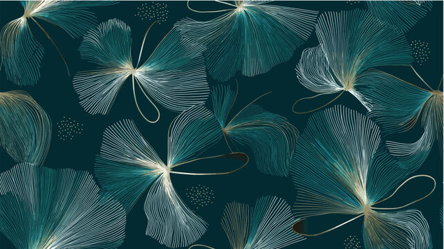 Abstract pattern featuring teal and white fan shapes with golden highlights on a dark teal background. Fan-shaped lines seamless pattern with golden accents