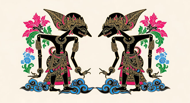 Javanese shadow puppets with colorful floral batik background art