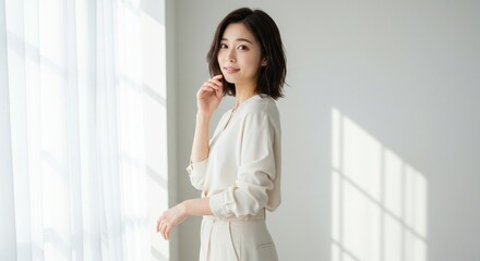 Fototapeta premium Woman posing by window in natural light