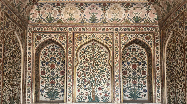Intricate Mughal Architecture Interior with Floral Fresco and Arched Niches