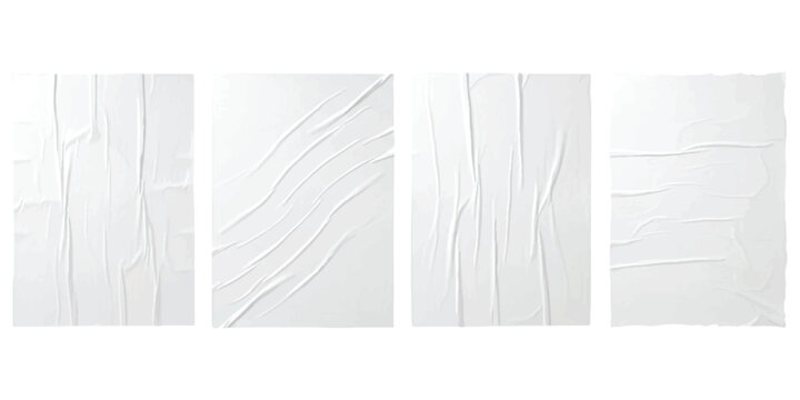 Set of four crumpled white paper sheets with folds and creases for design mockups