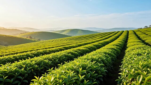 Rows of green tea plants on rolling hills