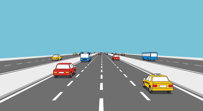 Cartoon Highway Scene with Various Vehicles Driving on a Multi-Lane Road