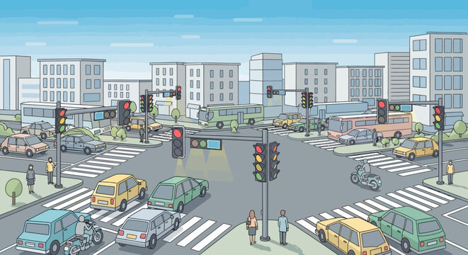 Busy Urban Intersection with Traffic Lights and Vehicles