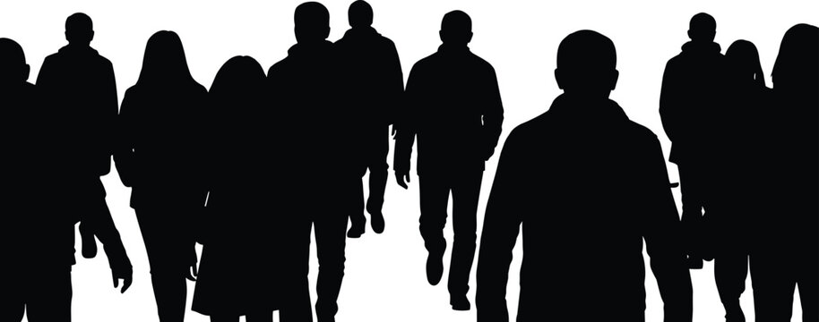 Crowd of people silhouettes walking forward isolated on white background representing urban population, social movement, anonymity and modern city lifestyle concept