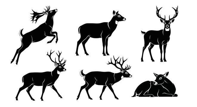 Black Deer Silhouettes Set in Various Poses ? Wildlife Graphic Icons