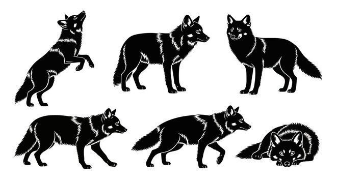 Black fox silhouette set for logo design with diverse poses ? wildlife animal graphics