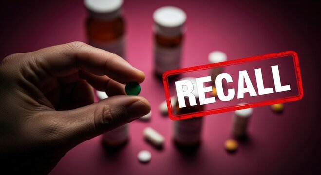 Hand holding green pill over blurred prescription bottles with red recall stamp warns consumers of pharmaceutical safety concerns and medical alerts