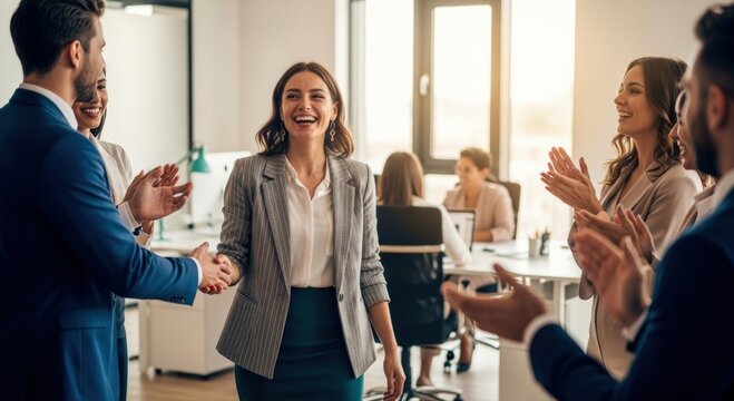 Joyful businesswoman receiving appreciation and handshake from colleagues during team celebration for professional achievement and career success in modern office