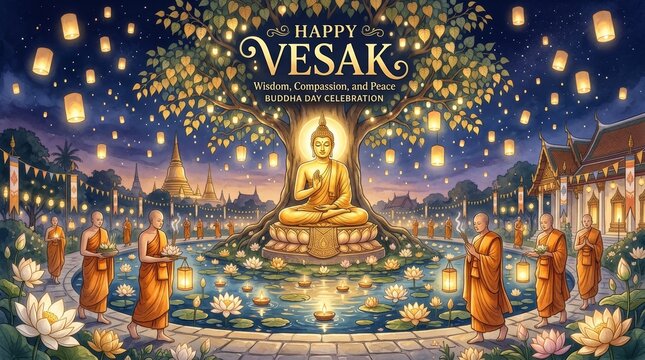 A vibrant celebration of Vesak featuring Buddha surrounded by monks and lanterns