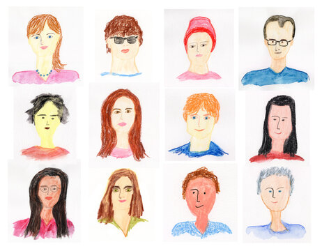 Hand drawn scribble portraits of group characters in watercolor illustration