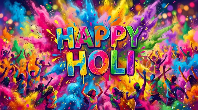A vibrant celebration of Holi featuring colorful splashes of powder with joyful participants dancing and celebrating during the festival