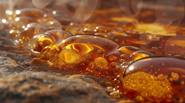 Burning grill with sparks and smoky fog frame concept. Close up of amber resin bubbles on rough textured surface with warm glowing light and detailed natural patterns
