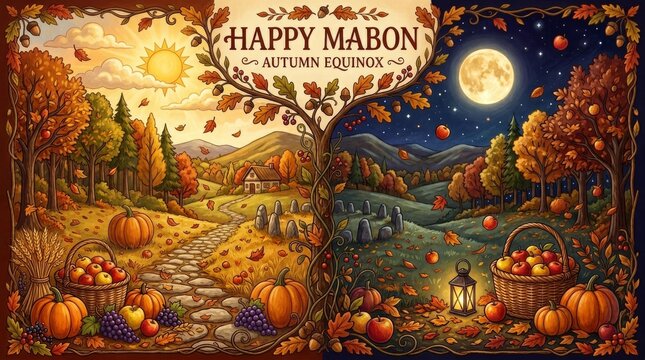 Vibrant autumn scene depicting Mabon with pumpkins and a beautiful moonlit landscape