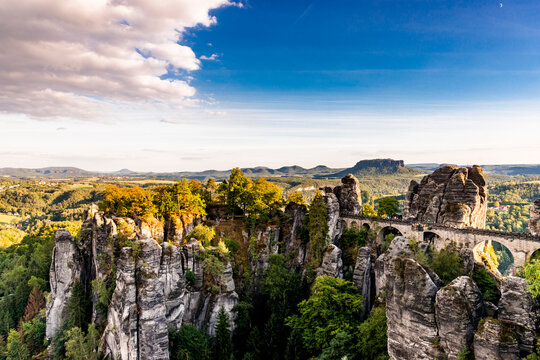 Scenic Bastei bridge and sandstone rock in Saxon Switzerland